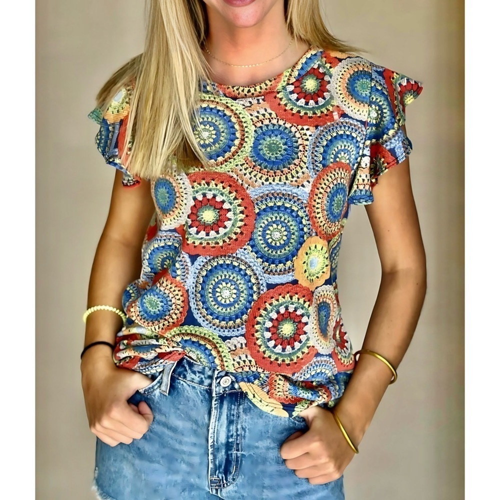 Haptics Boho Crochet Medallion Flutter Sleeve Top - Multicolor Size 1X